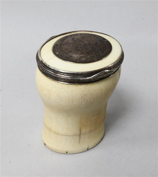 A silver mounted ivory snuff mull, English, dated 1748